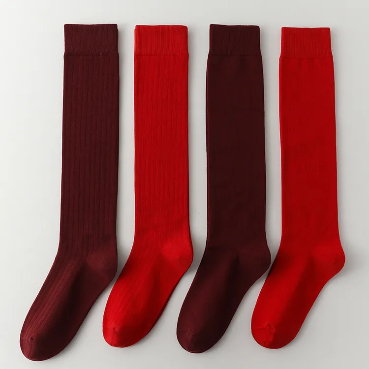 安可拉红袜子女春秋棉质无骨长筒堆堆袜秋冬本命年红色及膝小腿袜