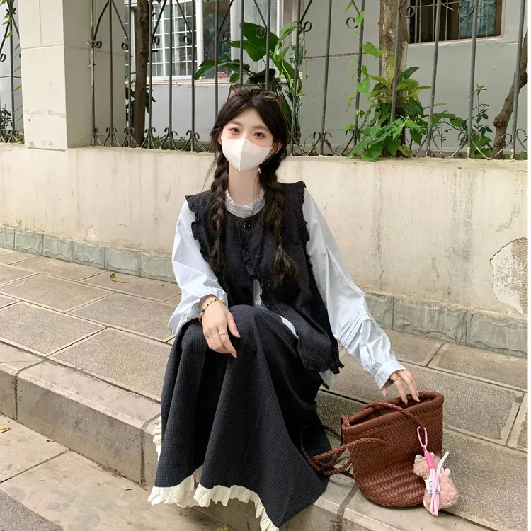 大码女装2025春秋时尚显瘦套装韩版立领衬衫复古格子马甲半身裙子