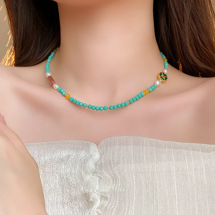 钛钢项链 几何形花朵白珠项链气质时尚锁骨链新中式高级感项饰女