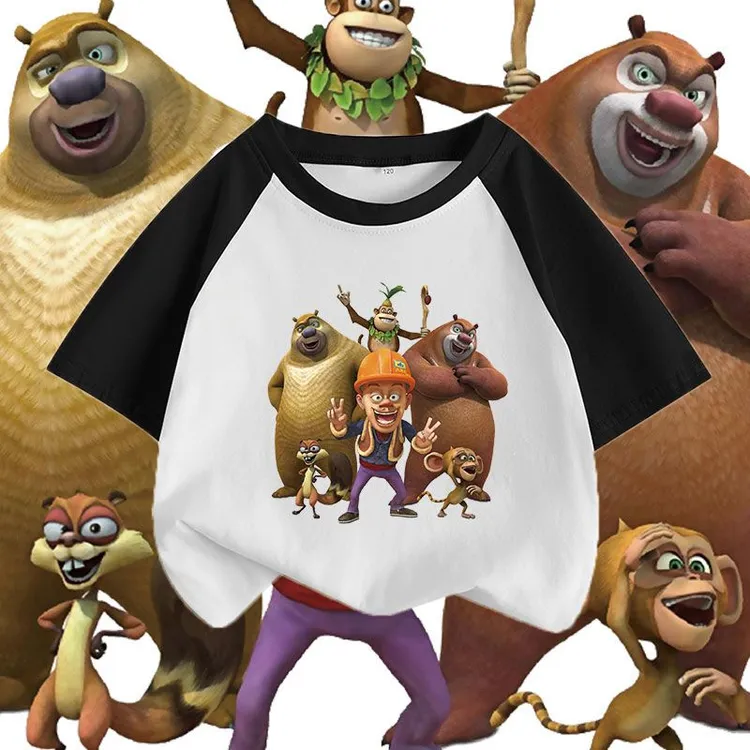 男童装纯棉拼接熊大短袖熊二夏季新款熊出没卡通儿童打底上衣潮