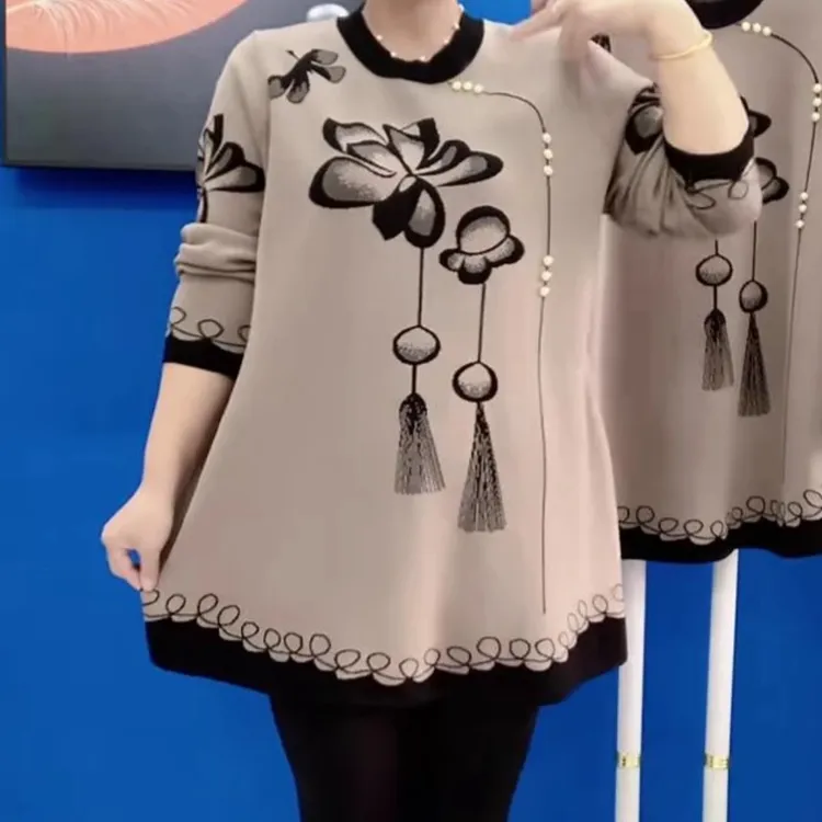 春秋款宽松显瘦保暖打底衫2024新款复古风花色百搭减龄长袖针织衫