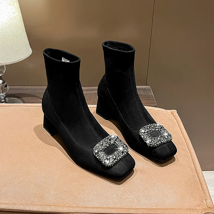 2025流行小短靴洋气又高级感瘦瘦靴气质百搭方头粗跟中跟弹力靴子