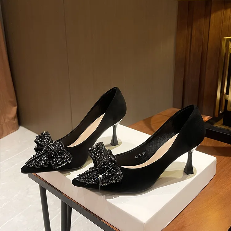 浅口高跟鞋女尖头细跟蝴蝶结气质舒适黑色时尚性感休闲百搭单鞋