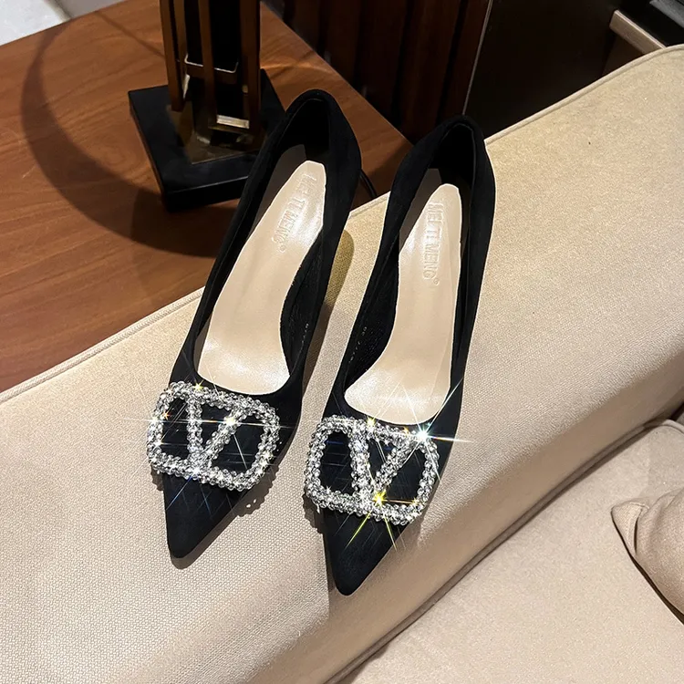 浅口高跟鞋尖头细跟气质中跟黑色职业工作鞋百搭单鞋久穿不累女鞋