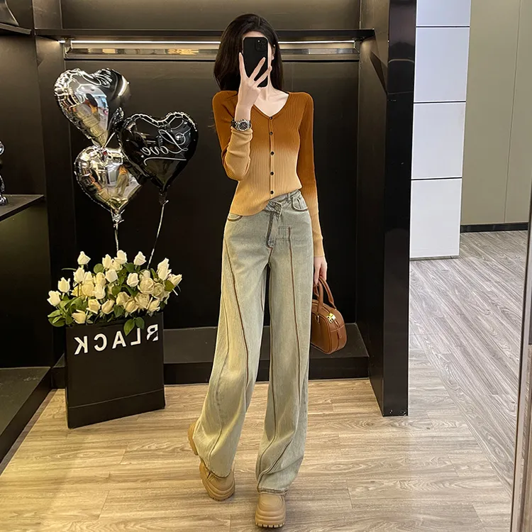 针织衫牛仔裤套装秋季女显瘦渐变针织开衫高腰阔腿牛仔裤休闲百搭