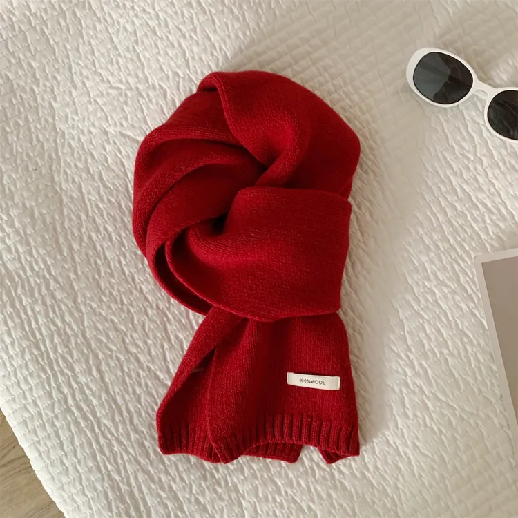 过年红色新年100%羊毛围巾女冬季圣诞羊绒针织毛线韩加厚保暖百搭