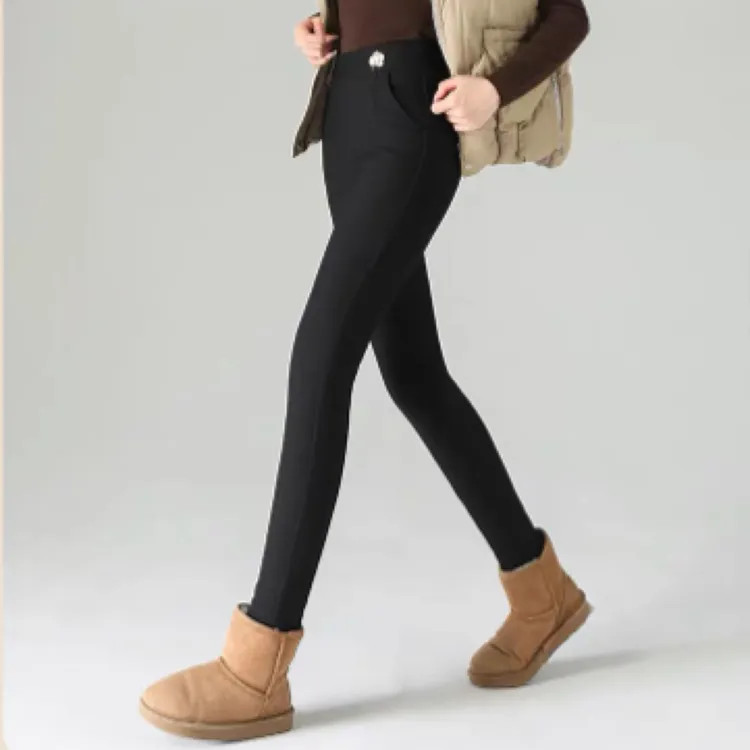 女士冬季加绒加厚保暖外穿中腰黑色小脚裤暖裤女款显瘦时尚百搭