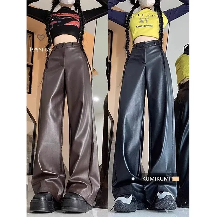 美式复古高级感PU皮休闲裤女秋季高腰显瘦皮裤阔腿裤拖地长裤子潮