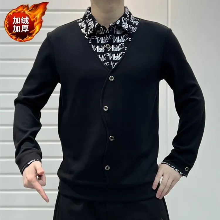 正品保罗2024新款男士假两件纽扣加绒加厚冬季潮流欧版潮牌卫衣