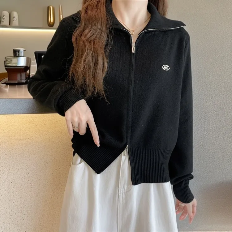 韩系2025秋冬新款双拉链针织开衫女宽松显瘦翻领上衣长袖外套毛衣