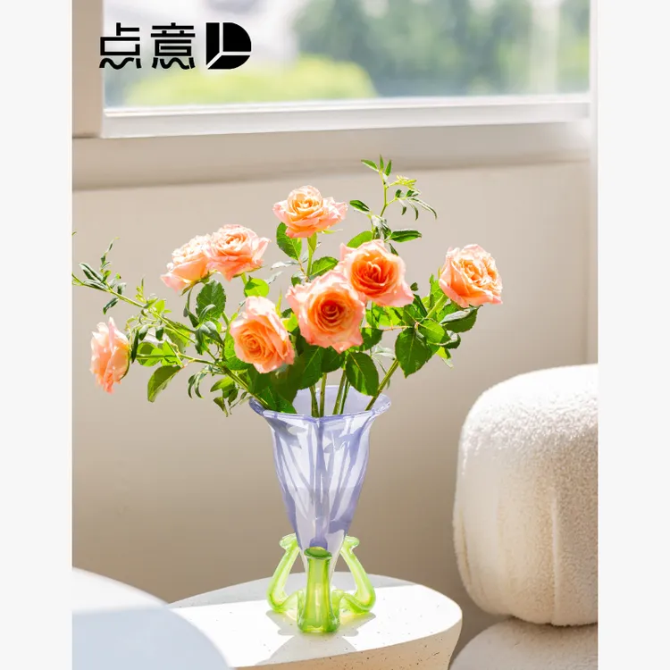 法式梦幻铃兰琉璃花瓶紫色绿色撞色客厅摆件中古芬顿敞口花器插花