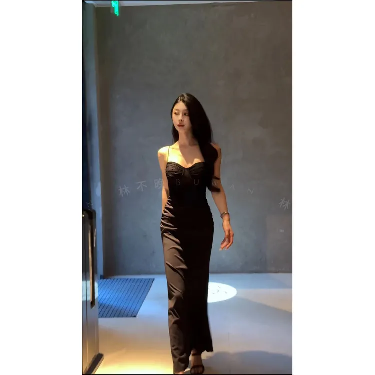 【YIMU】  性感鱼骨黑色吊带连衣裙女法式高级修身包臀裙礼服长裙