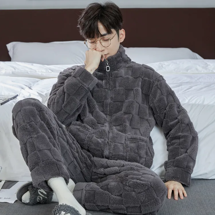 秋冬季男士珊瑚绒睡衣套装加厚加绒长袖保暖冬天法兰绒家居服JX