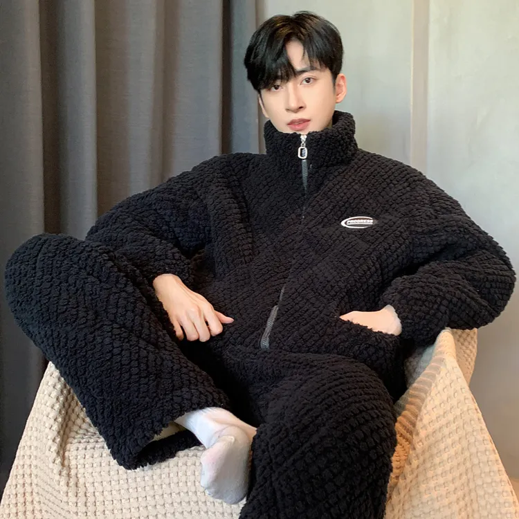 冬季三层夹棉男士珊瑚绒睡衣套装加厚加绒暖法兰绒家居服可外穿JX