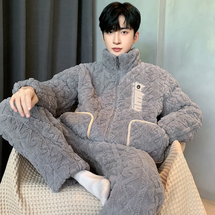 冬季三层夹棉男士珊瑚绒睡衣套装加厚加绒暖法兰绒家居服可外穿JX