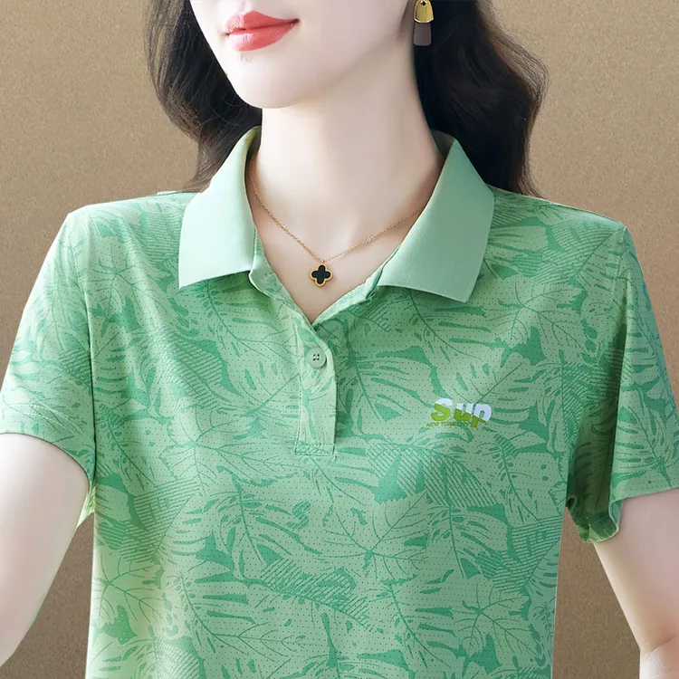 翻领短袖T恤女夏季2023新款妈妈POLO衫带领户外运动休闲小衫