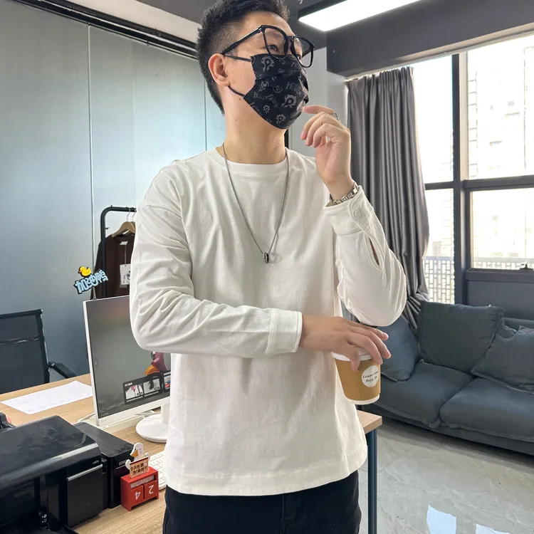 男士春秋休闲百搭衬衫手袖小众设计长袖t恤时尚宽松打底衫卫衣