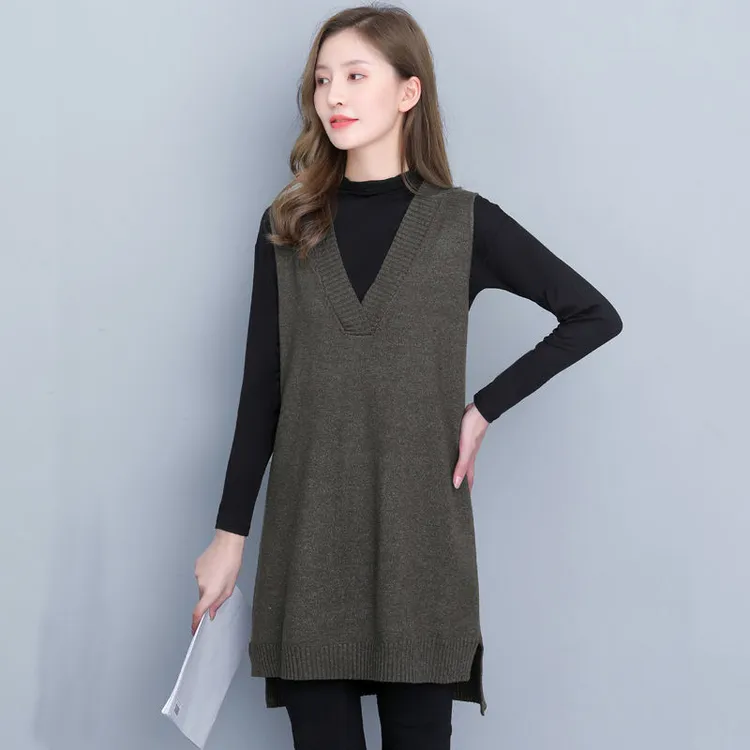新款大码女装针织衫女坎肩外套中长款宽松V领韩版毛衣马夹背心女