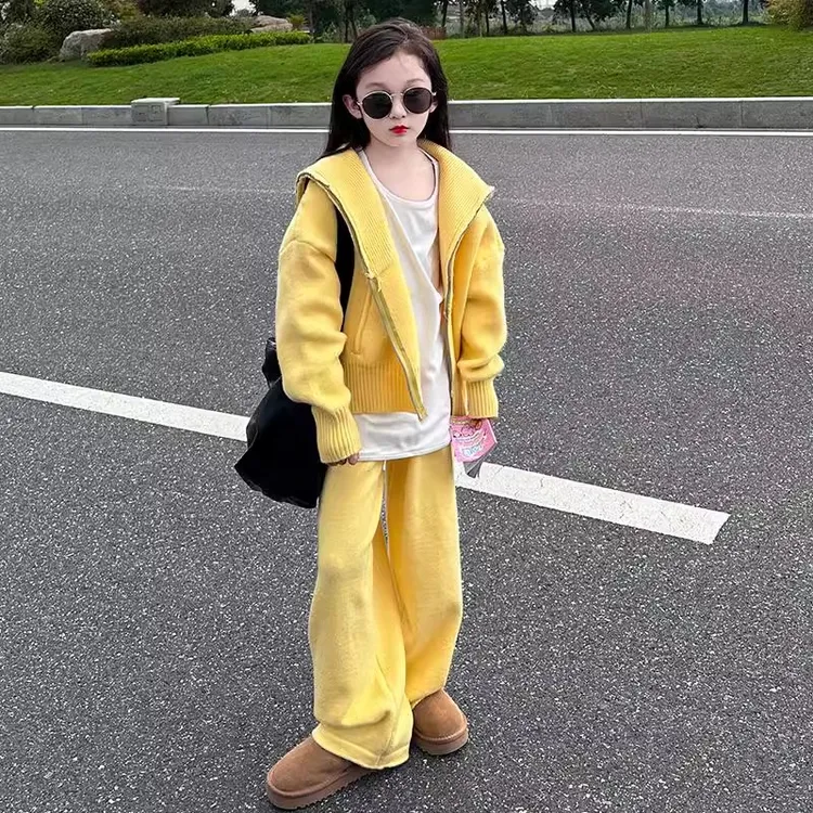 慵懒风针织套装宽松长袖开衫上衣阔腿裤两件套秋季新款女童设计感