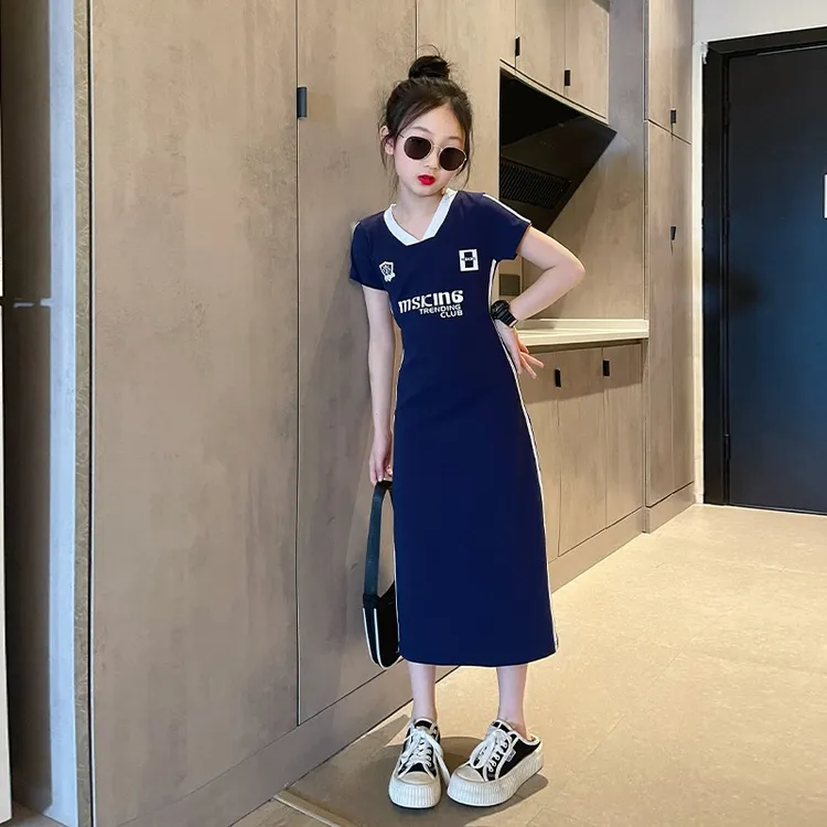 女童裙子夏季2025反季网红儿童撞色字母T恤裙夏装女孩紧身连衣裙