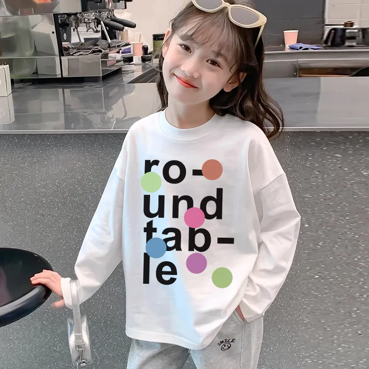 纯棉儿童长袖打底衫春秋休闲t恤小孩女宝宝白色上衣2024年t血圆领