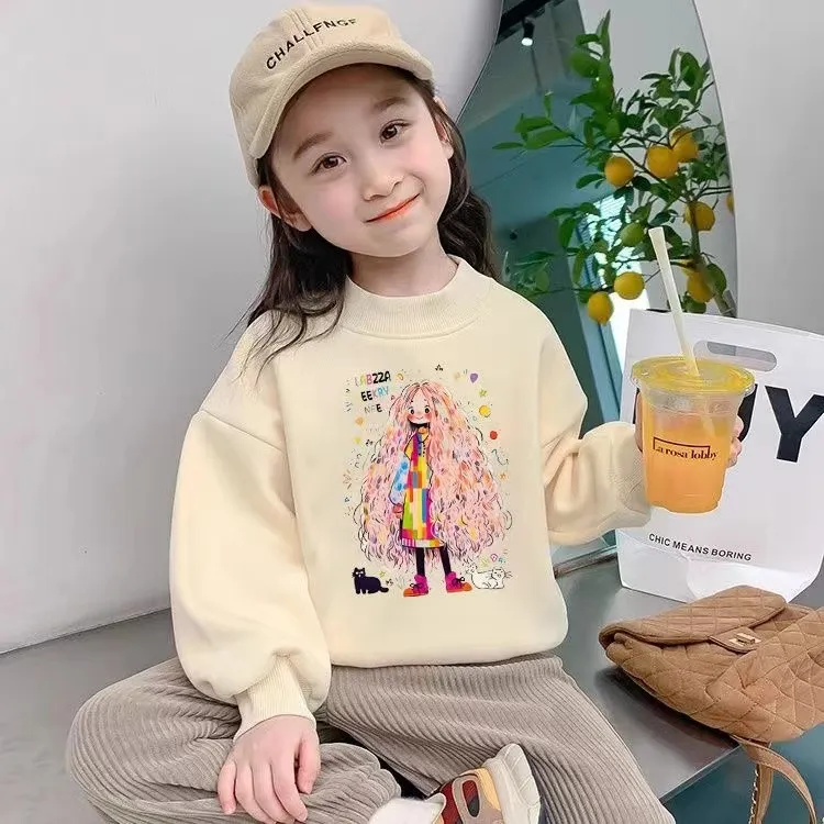 女童圆领时尚百搭套头米色卫衣新款烫画中大童卡通宽松流肩卫衣