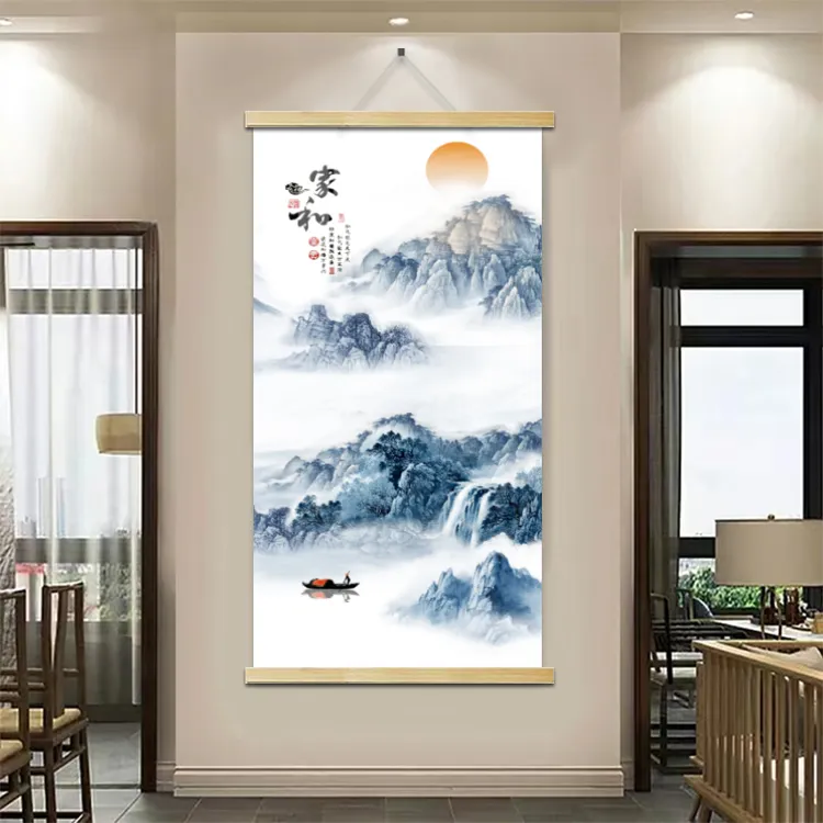 墙饰壁饰清晰木轴布艺挂画实木挂画卷轴山水清新家居装饰画高品质