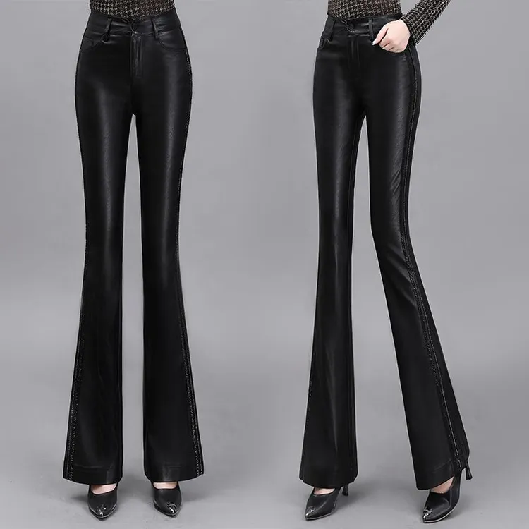 高档真皮皮裤女弹力显瘦高腰加绒秋冬保暖洋气时尚外穿微喇叭裤女