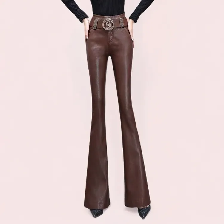 海宁真皮皮裤女加绒2025秋冬新款高腰喇叭裤显瘦显高外穿微喇长裤