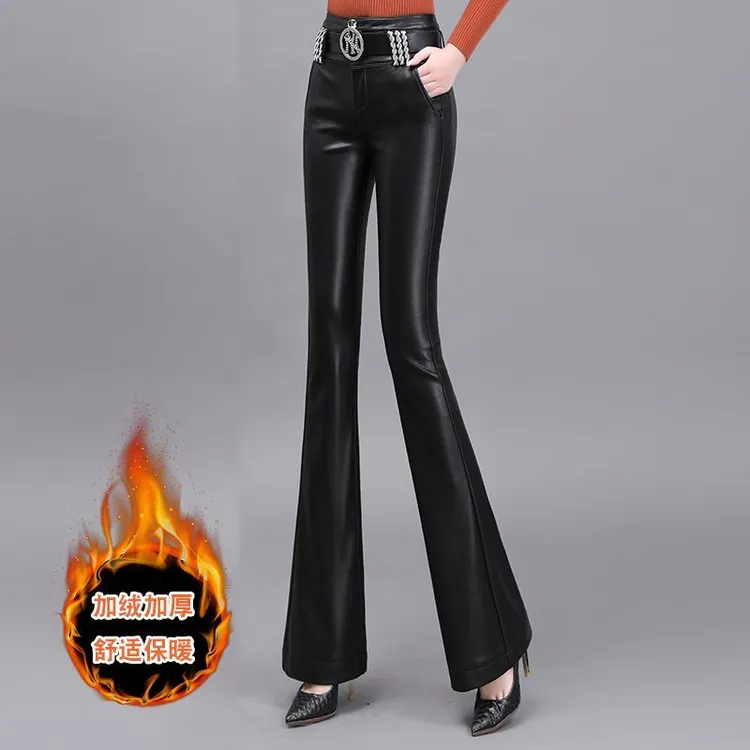 微喇叭裤加绒真皮皮裤女舒适时尚秋冬高腰修身显瘦加厚弹力休闲裤