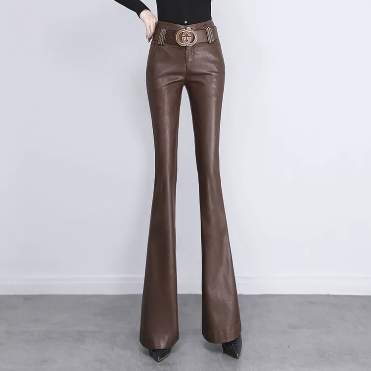 时尚真皮微喇叭皮裤女弹力冬季修身高腰显瘦显高外穿秋季阔腿长裤