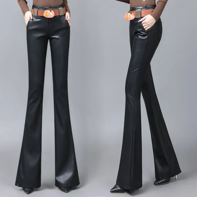 洋气微喇叭皮裤女真皮弹力加绒高腰显瘦时尚百搭秋冬外穿休闲裤女