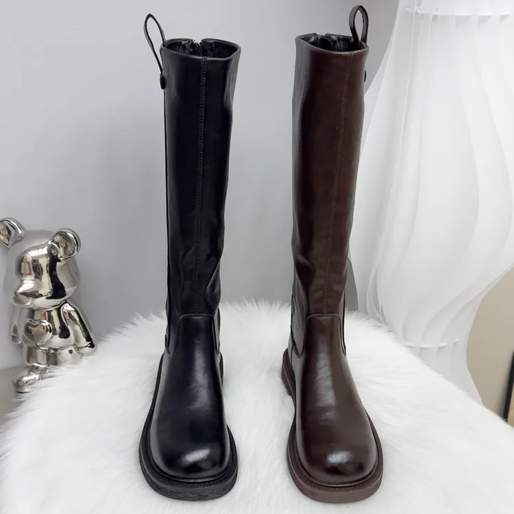 胖妹妹加肥加宽长靴子平底长筒靴女后拉链百搭加绒保暖不过膝女靴