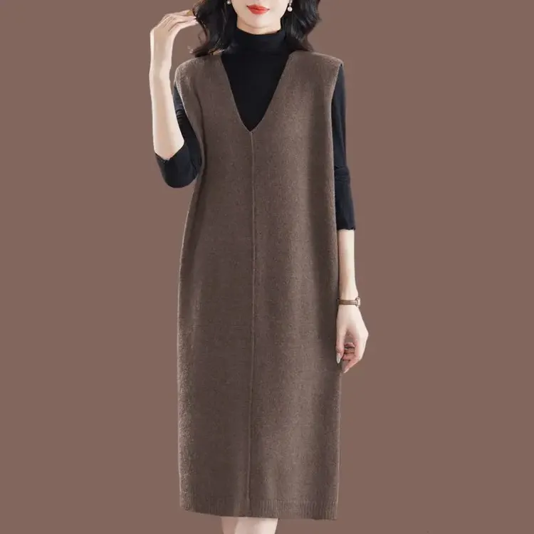 直筒长款针织毛衫纯色时尚马甲无袖上衣洋气遮肚子大码连衣裙宽松