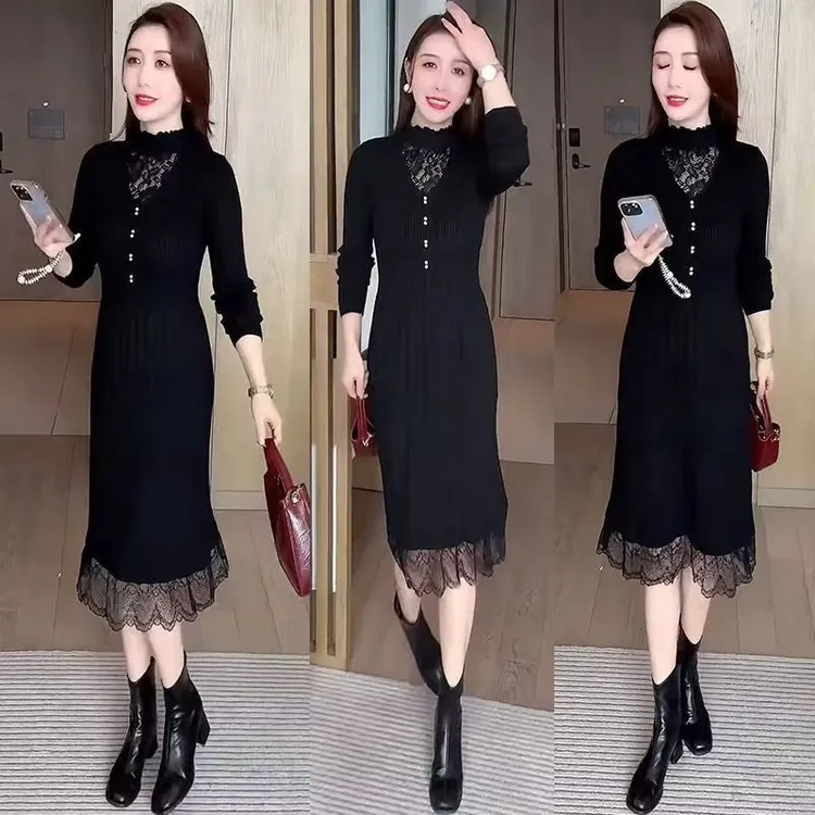 配大衣大码针织连衣裙2025秋冬新款长款过膝中长款内搭蕾丝打底裙