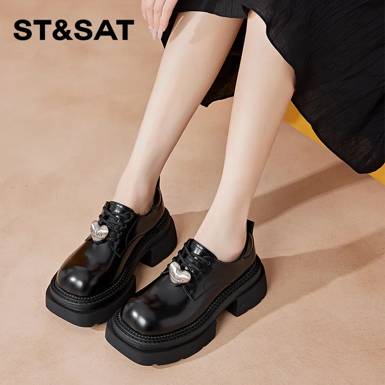 星期六厚底增高真皮乐福鞋2024春季时尚百搭粗跟英伦风系带豆豆鞋