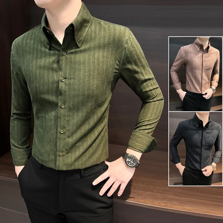竖条纹长袖衬衫男款爆款2025新款轻奢男装高级感秋冬大领衬衣男士