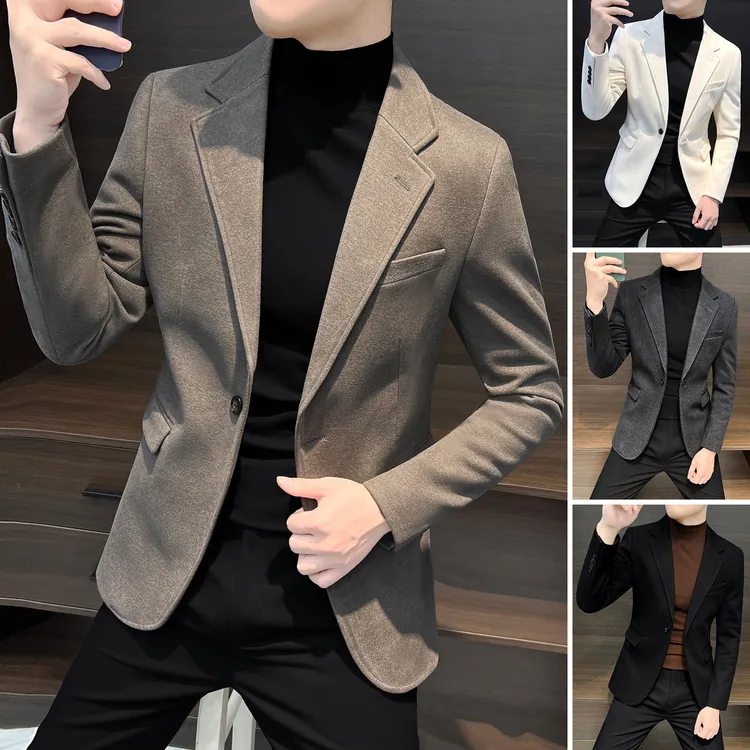 毛呢休闲西服男款秋冬2025新款高级感痞帅男装呢子男士小西装外套