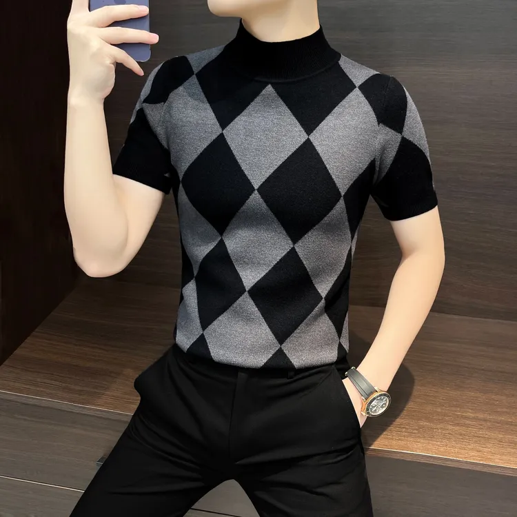 菱形格短袖t恤男款爆款2025新款半高领痞帅高级感男士针织打底衫