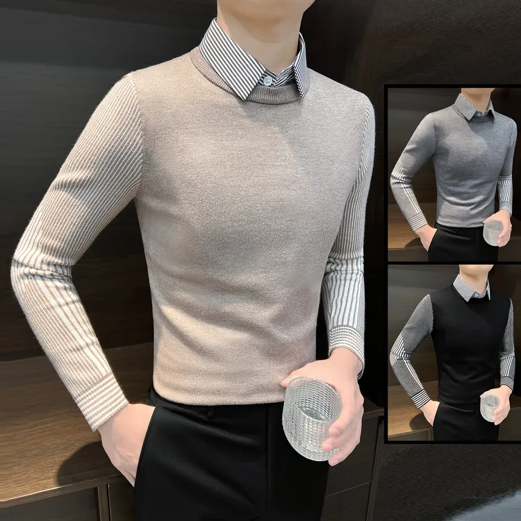 假两件毛衣男款秋冬修身衬衫领打底衣成熟痞帅男装条纹男士针织衫