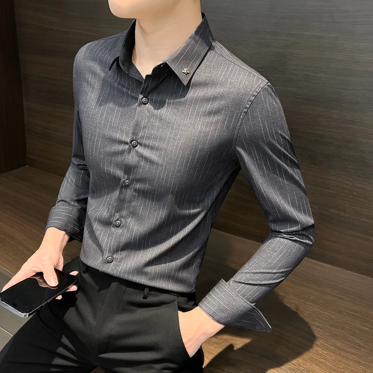 衬衫男款痞帅高级感夏季新款商务休闲职业正装上档次男士条纹衬衣
