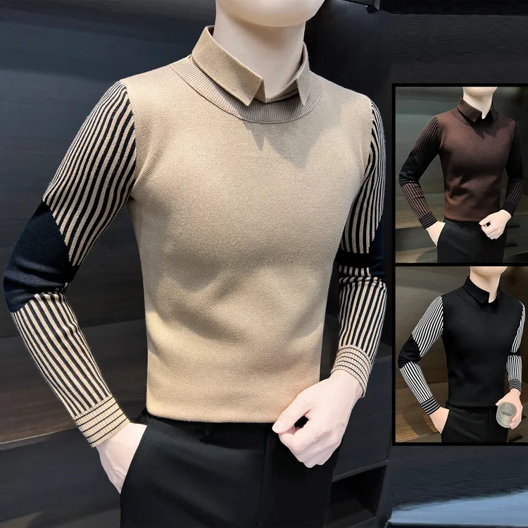 假两件毛衣男款成熟痞帅男装2025新款毛衫秋冬季条纹打底针织衫男