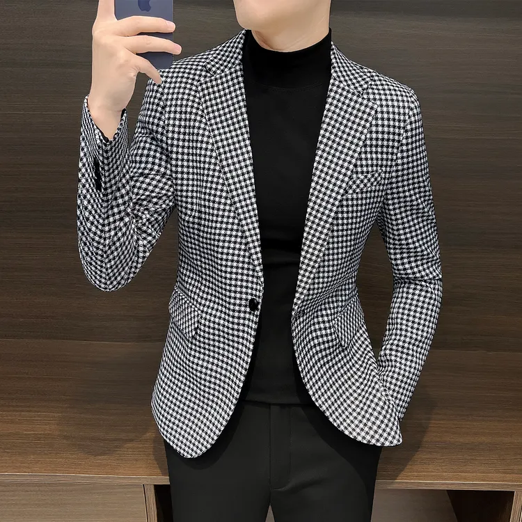 千鸟格男士小西装外套韩版潮牌男装痞帅高级感格子西服单件上衣男