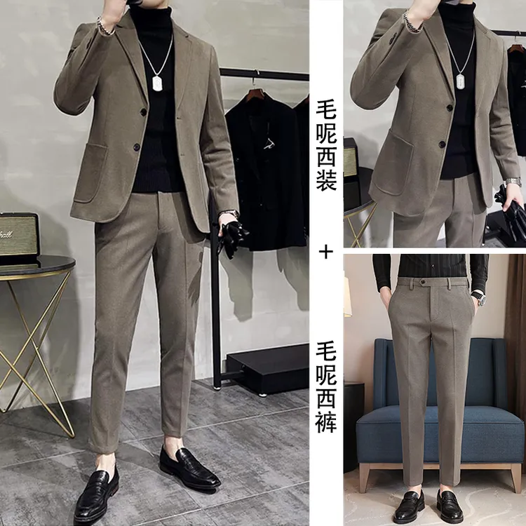 毛呢西装外套男款爆款2025新款男装痞帅一整套呢子休闲西服男套装