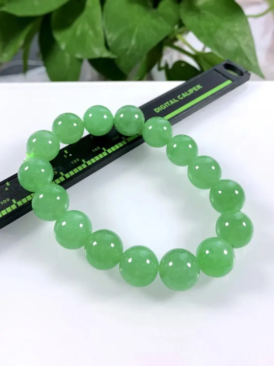 收藏级别，缅甸天然翡翠A货，冰种起胶满绿阳绿冰绿圆珠手串5856