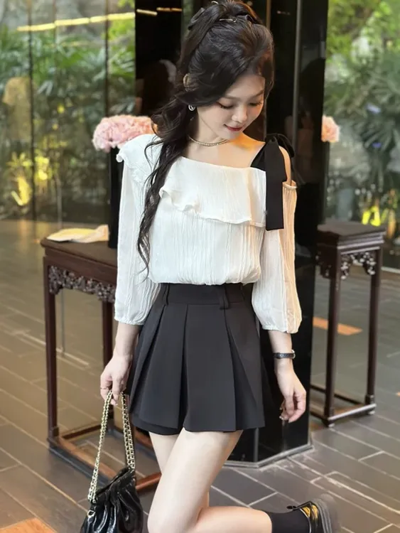 2024新款温柔风洋气气质甜美一字领露肩绑带蝴蝶结荷叶边雪纺衬衫