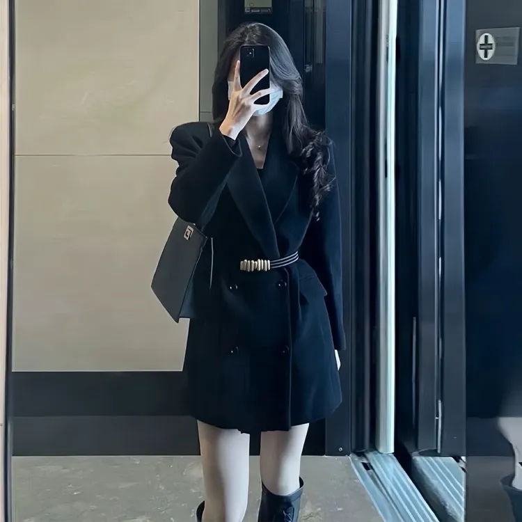 气质西装套装女黑色腰带款修身西服中长款双排扣百搭网红显瘦西装