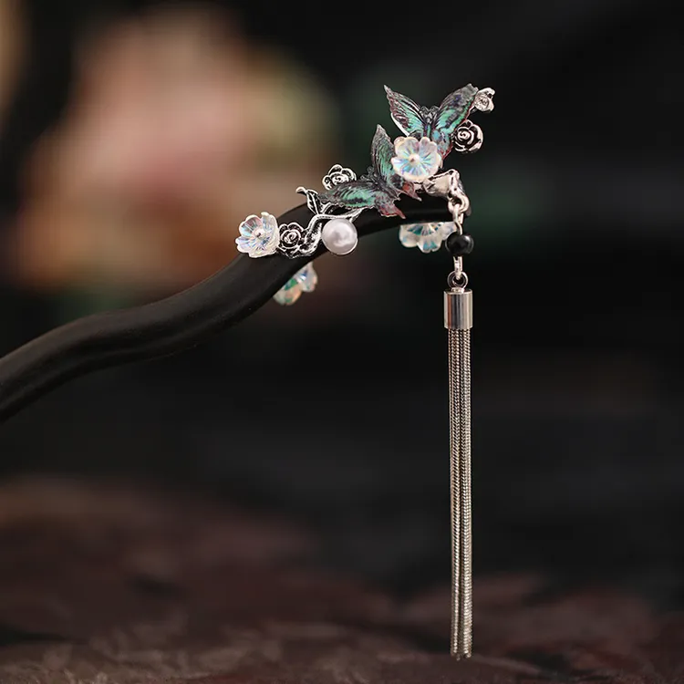 檀木发簪灰色蝴蝶流苏仙气古典盘发簪发簪子手工古风
