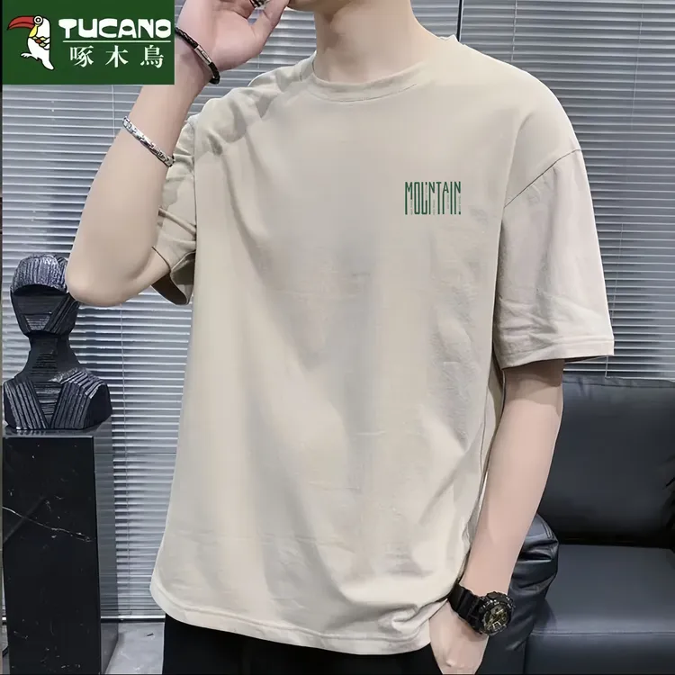 啄木鸟纯棉圆领短袖t恤男2025休闲夏季百搭新款简约上衣体恤衫男t