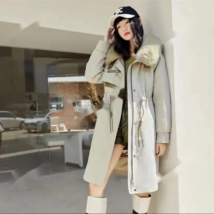 【82985】狐狸毛加厚中长款大毛领冬季白鹅绒女款派克服羽绒服外套